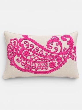 Magaschoni Pink Embroidered Paisley Lumbar Throw Pillow Linen Duck Feather 12x20
